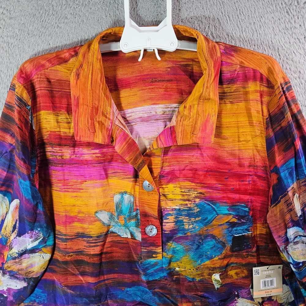 $119 NEW John Mark Top Shirt Women 2X 1/2 Button Floral Painting Lightweight - Picture 4 of 11